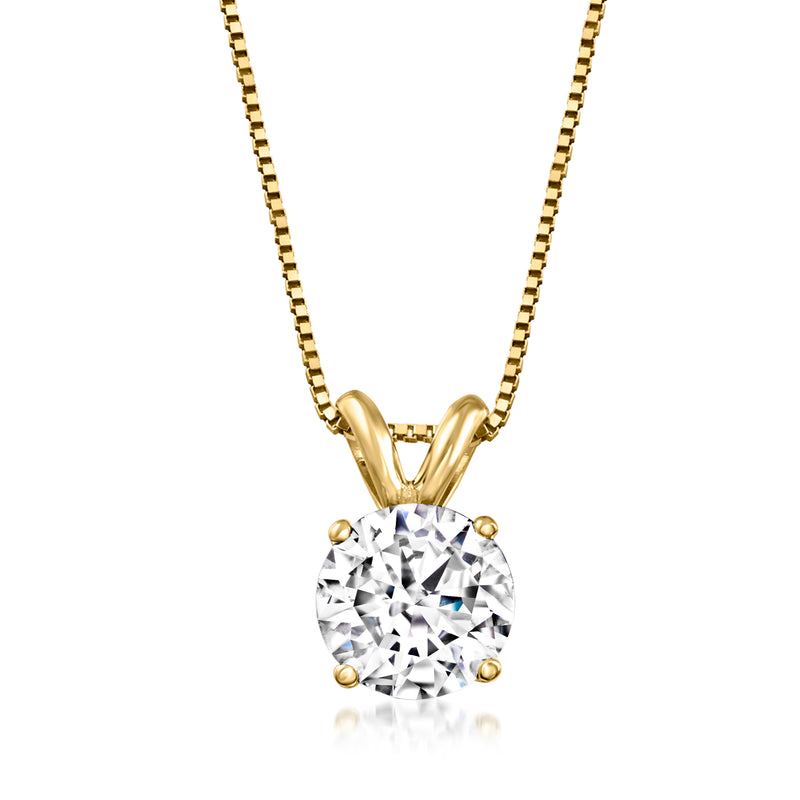 14kt yellow gold solitaire necklace with round diamond pendant in four-prong setting