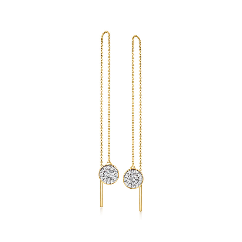 14kt yellow gold diamond threader earrings with round pavé drops