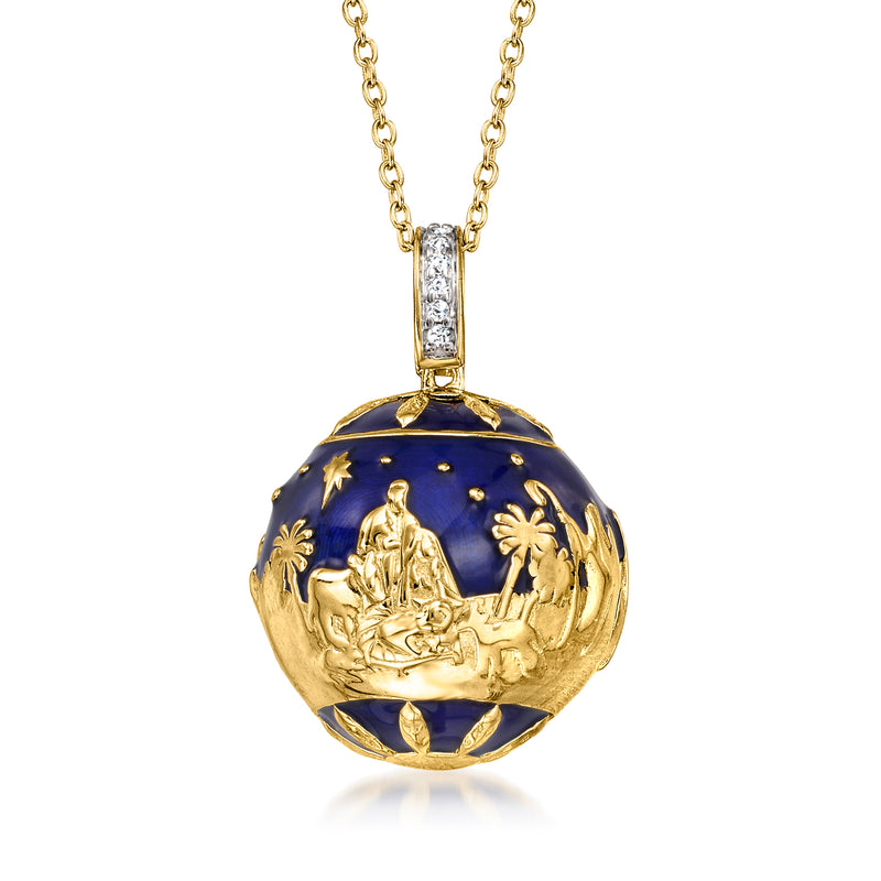 Gold over sterling nativity pendant necklace with blue enamel round locket and star details