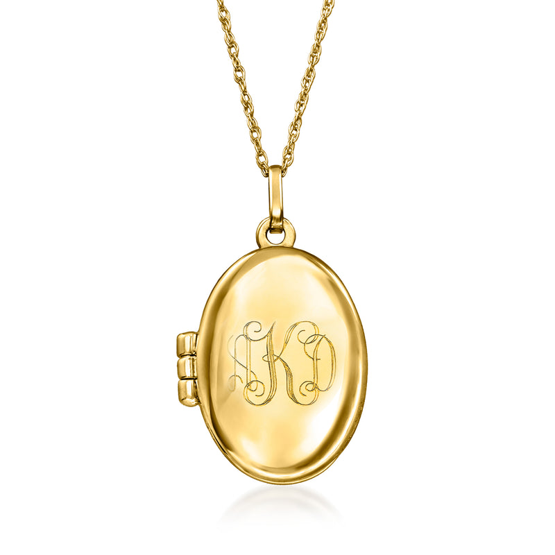 14kt yellow gold oval locket necklace with engraved initials on the front