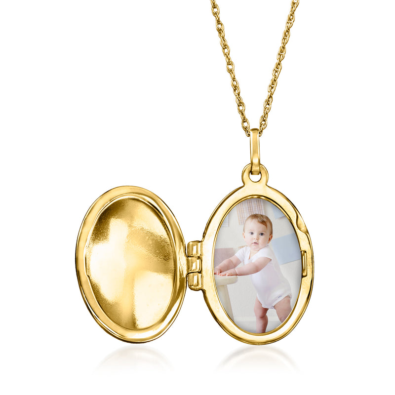 14kt yellow gold oval locket necklace with baby photo inside, locket open