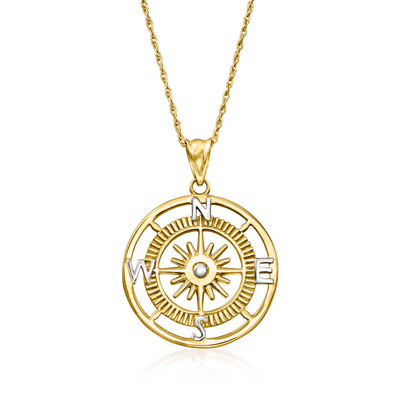 14kt yellow gold compass pendant necklace with round sunburst compass design