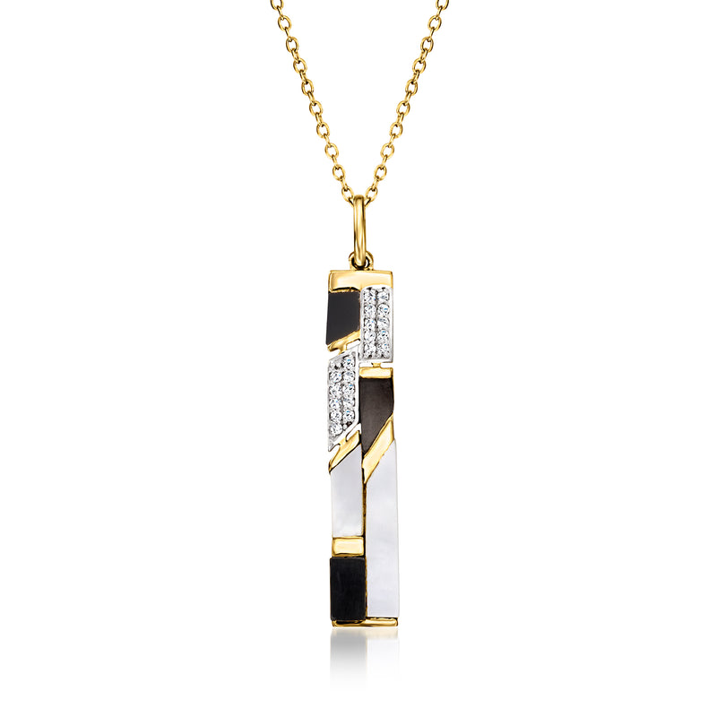Gold pendant necklace with mother-of-pearl and onyx rectangle and sparkling stones