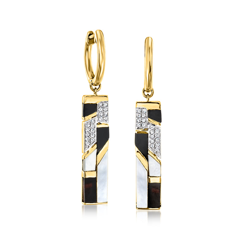 Gold drop earrings with black and white enamel panels and pave stone accents