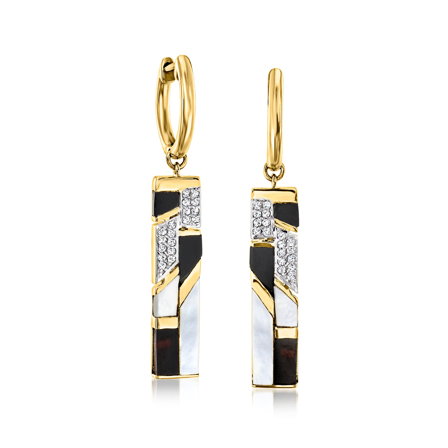 Mother-of-Pearl and Onyx Drop Earrings with .10 ct. t.w. White Topaz in 18kt Yellow Gold Over Sterling