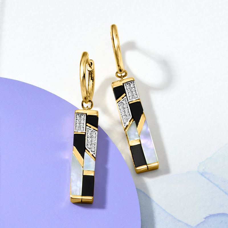 Gold hoop drop earrings with black and white striped rectangular dangles and pave accents