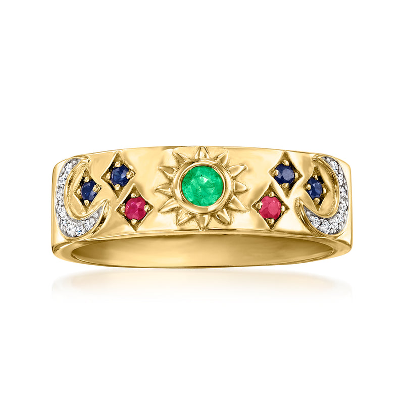 Gold celestial ring with round green center gem, blue and pink stones, diamond accents.