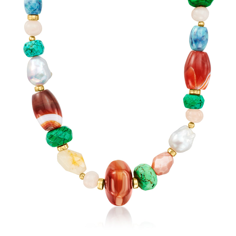Baroque pearl and multi-gemstone bead necklace with gold-tone spacers and colorful beads