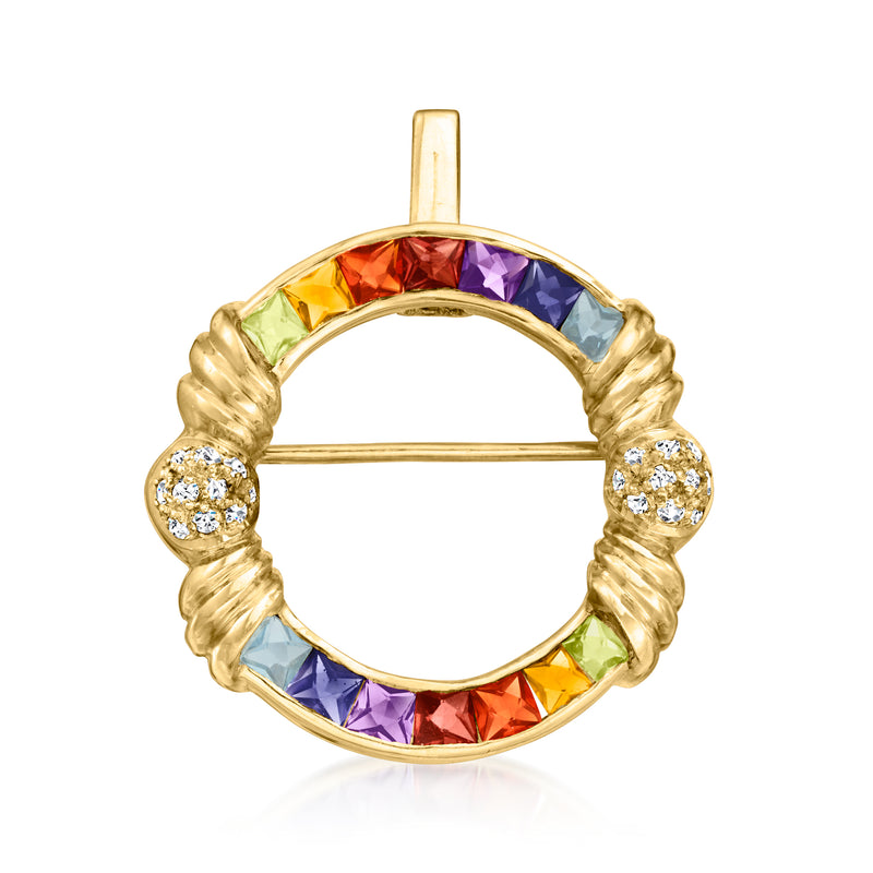 18kt yellow gold circle pin/pendant with multicolor gemstones and white diamond accents