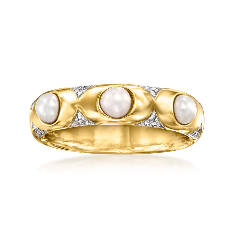 Gold-tone cultured pearl ring with three round pearls and small diamond accents