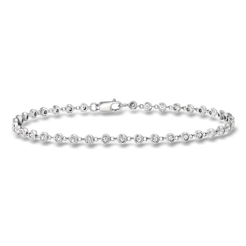 Sterling silver diamond tennis bracelet with bezel-set round stones, box clasp.