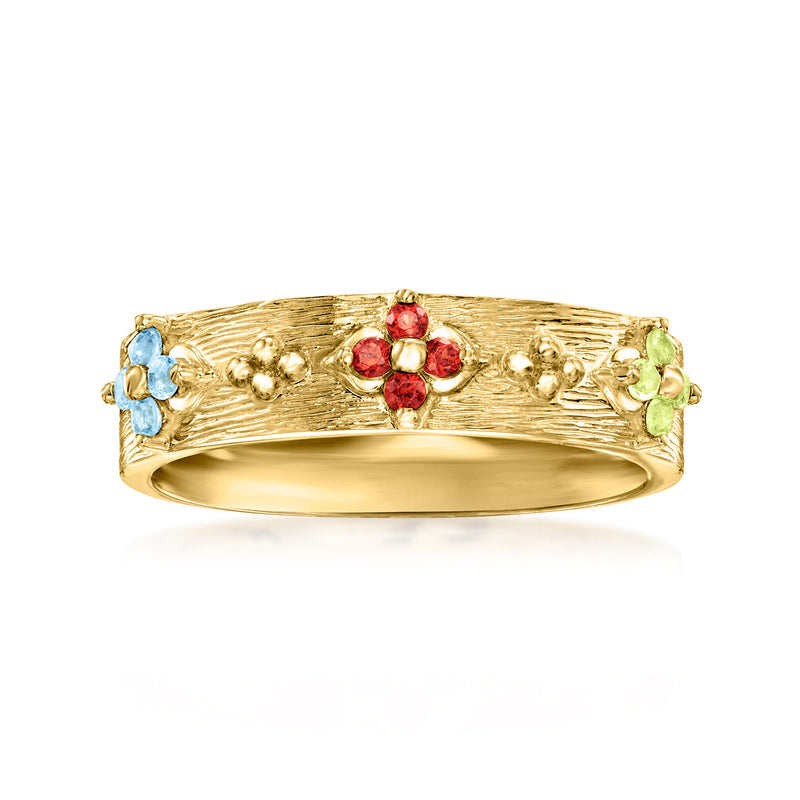 Gold-tone gemstone flower ring with blue, red, and green stones
