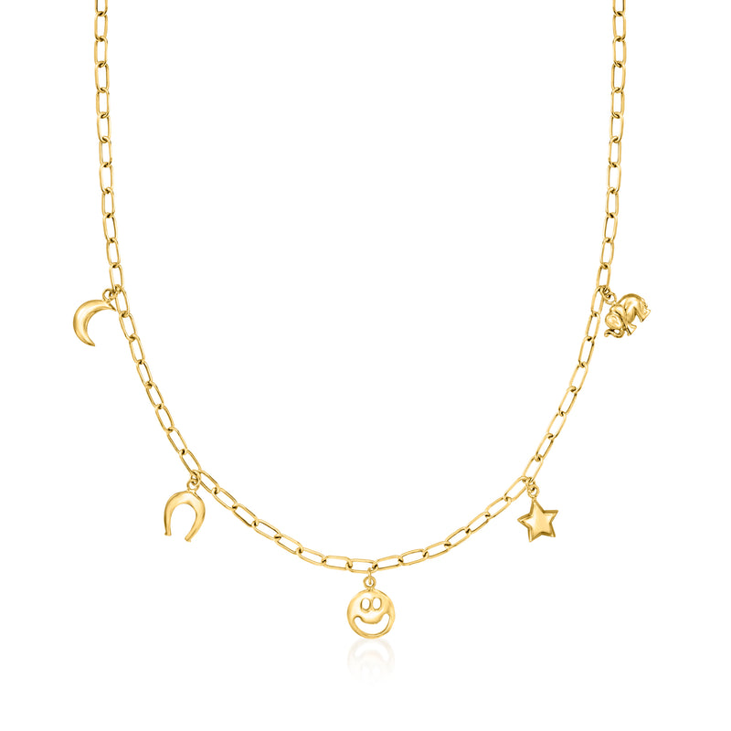 14k yellow gold necklace with paper-clip links and crescent, star, face charms