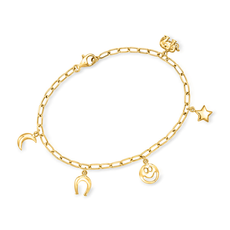 14kt yellow gold paper-clip link bracelet with star, horseshoe, clover and smiley charms