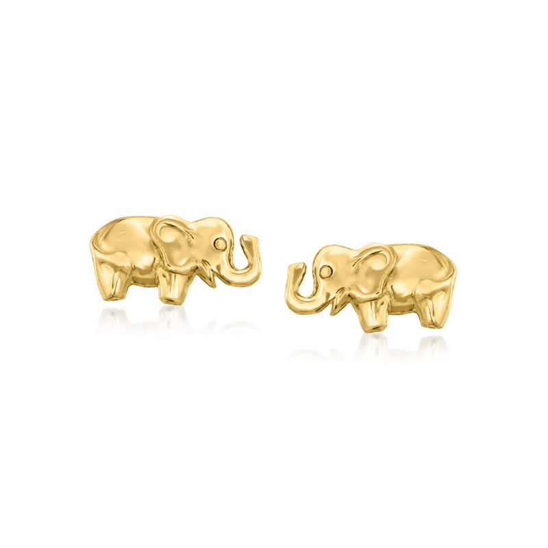 14kt yellow gold elephant stud earrings, polished detailed elephants
