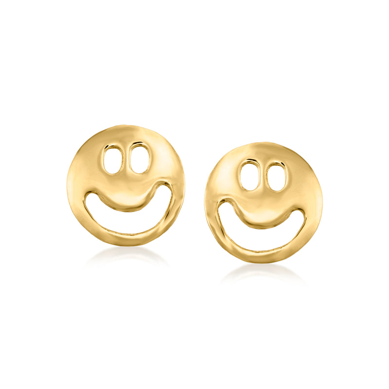 14kt yellow gold smiley face stud earrings, round with cutout eyes and curved smile