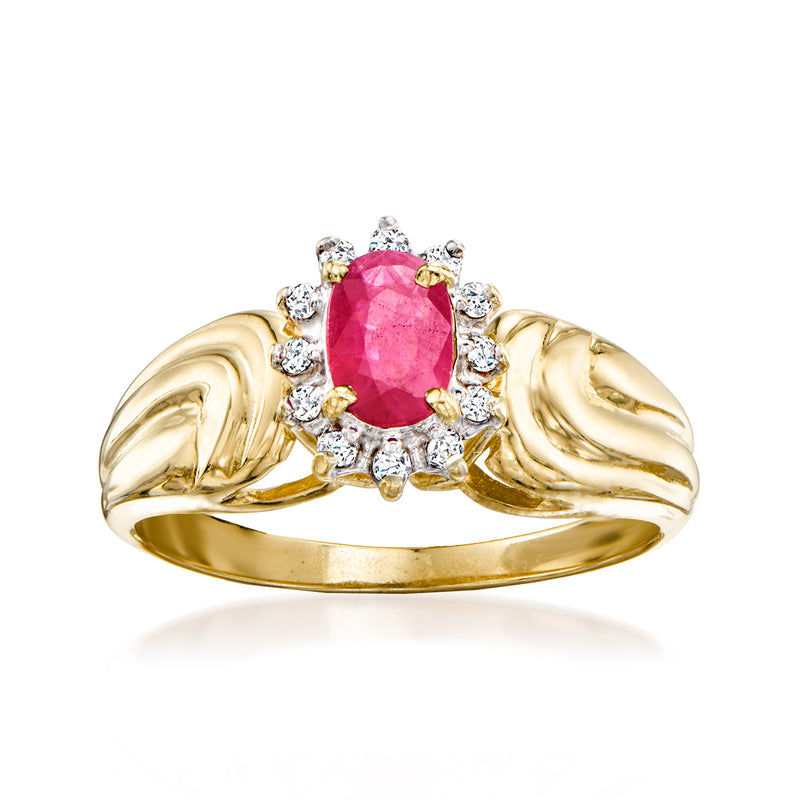 14kt yellow gold vintage ring with pink ruby center and diamond accents