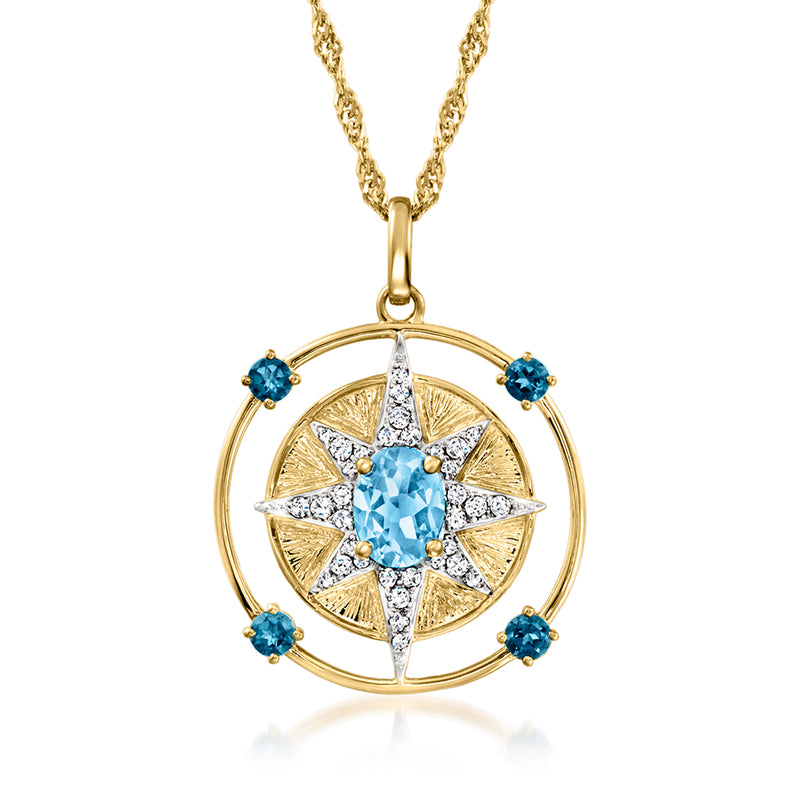 Gold topaz pendant necklace with round blue center stone and starburst halo
