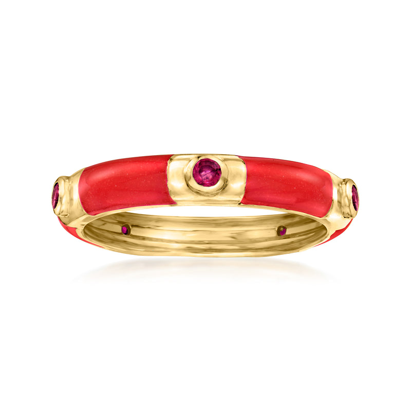 18kt gold eternity band with red enamel, round ruby center and small side gemstones