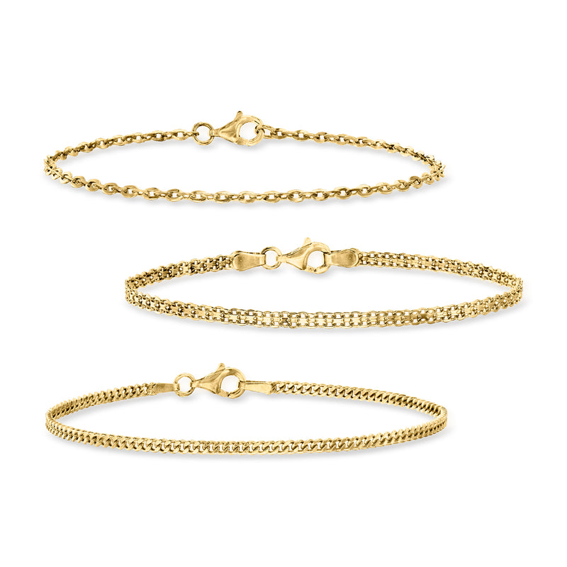 Three gold link bracelets with spring clasp, stacked set for wrist wear