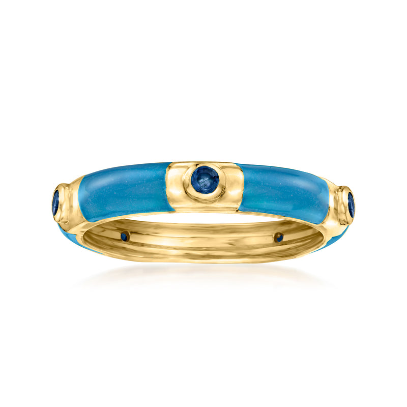 18kt gold over sterling eternity band with blue enamel and round sapphire center bezel