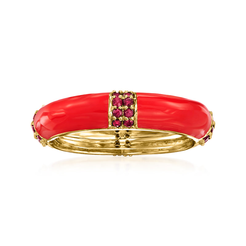 18kt gold over sterling eternity band with red enamel and cluster of ruby-colored stones