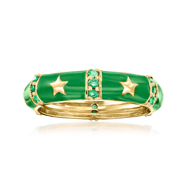 Green enamel star ring with gold band and two star motifs, small green stone accents