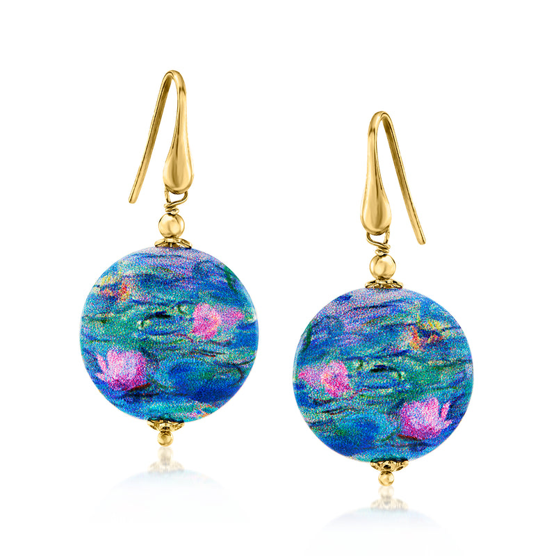 Gold-tone earwire drop earrings with round multicolored blue, purple Murano glass beads