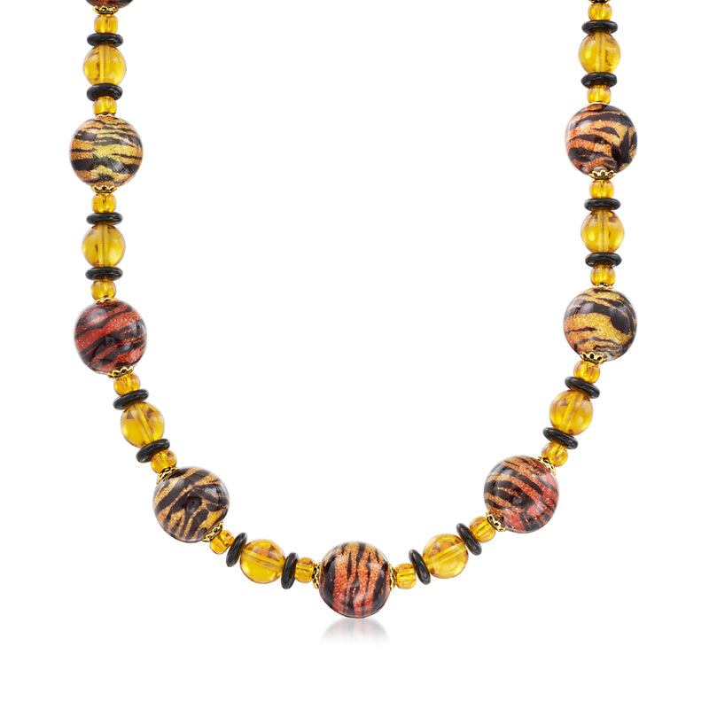 Tiger-print Murano glass bead necklace with gold-tone spacer beads, round beads