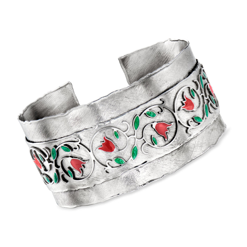 Sterling silver cuff bracelet with multicolored floral enamel detailing