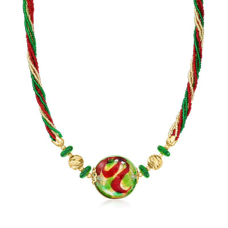 Multicolored Murano glass bead necklace with round red-green pendant and gold accents