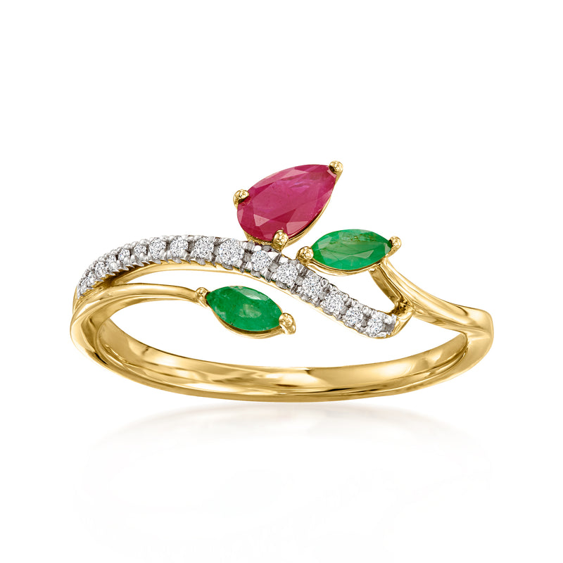 14kt yellow gold leaf ring with green and pink gemstones and diamond accents