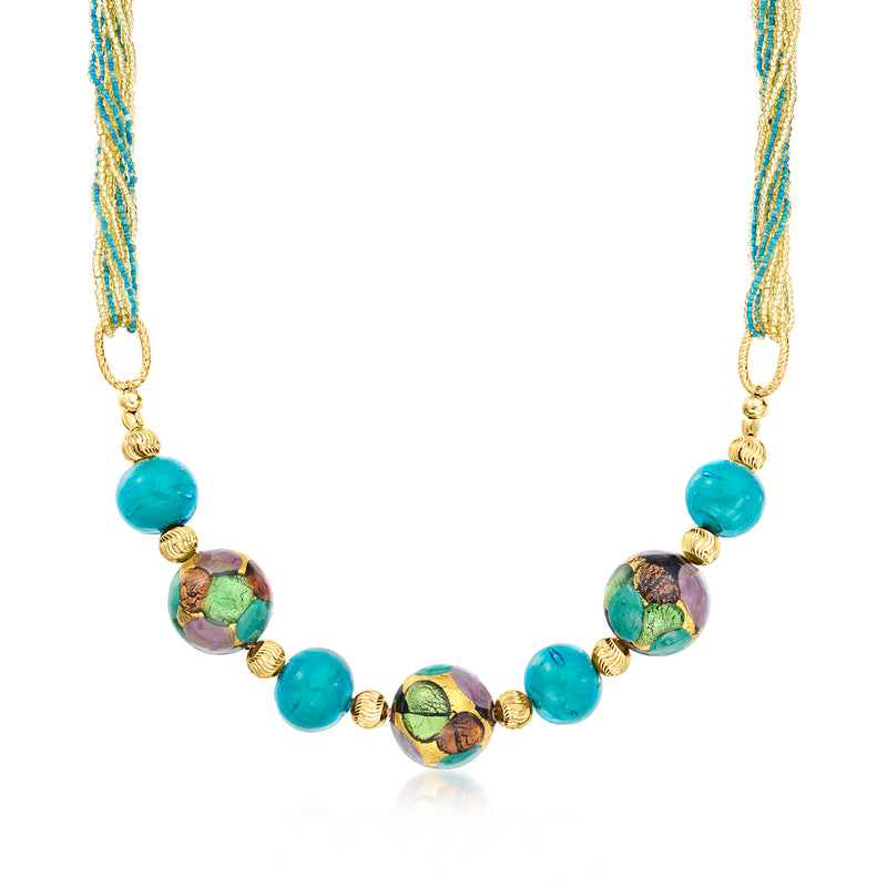 Multicolored Murano glass bead necklace with turquoise and purple beads and gold-tone spacers