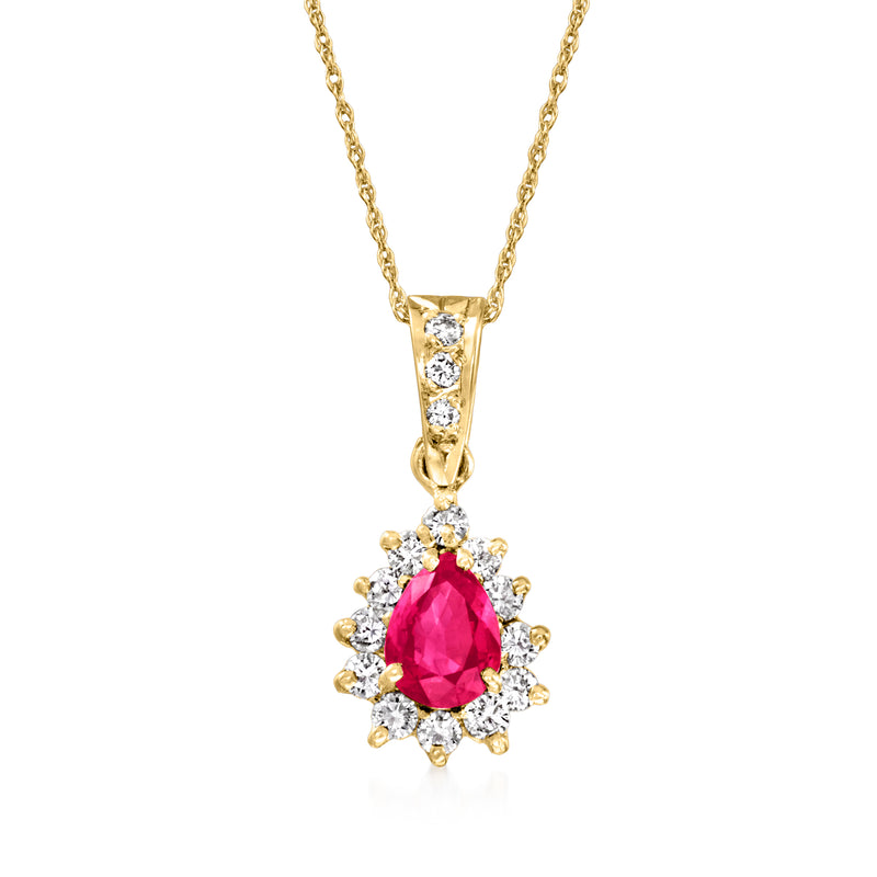 14k yellow gold ruby and diamond pendant necklace, pear-cut ruby with halo