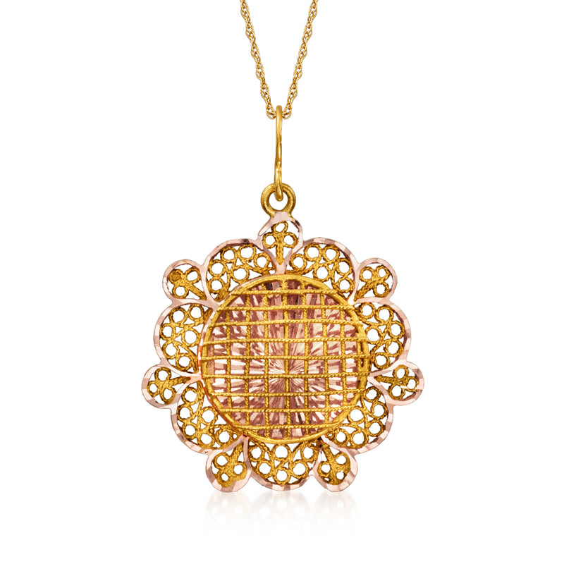 Two-tone 14kt gold flower pendant necklace with round lattice setting and small filigree petals