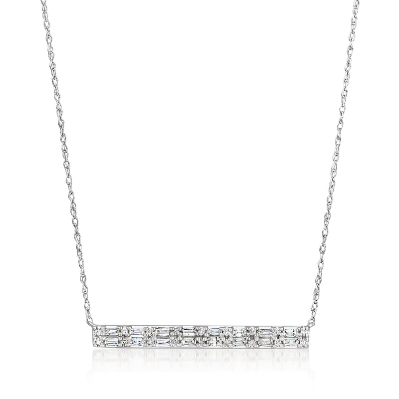 14kt white gold diamond bar necklace with rectangular baguette stones