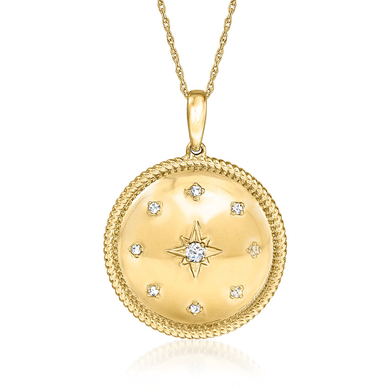 18k yellow gold disc pendant necklace with central starburst diamond and small round diamonds
