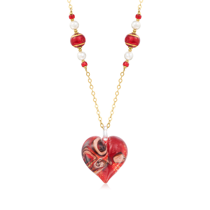 Red Murano glass heart pendant necklace with cultured pearls and gold chain