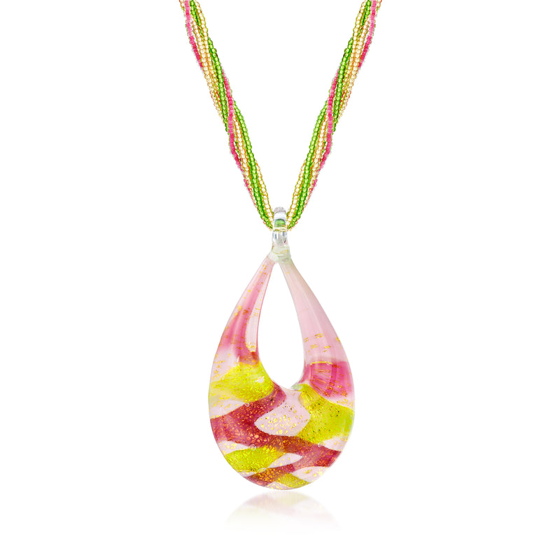 Multicolored Murano glass pendant necklace with rainbow teardrop pendant and gold-tone bail