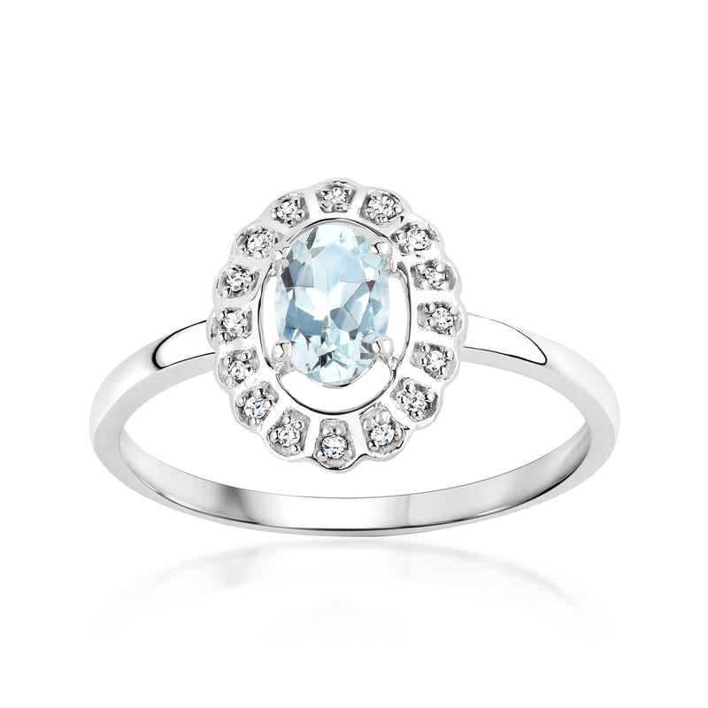 14kt white gold aquamarine oval ring with diamond halo