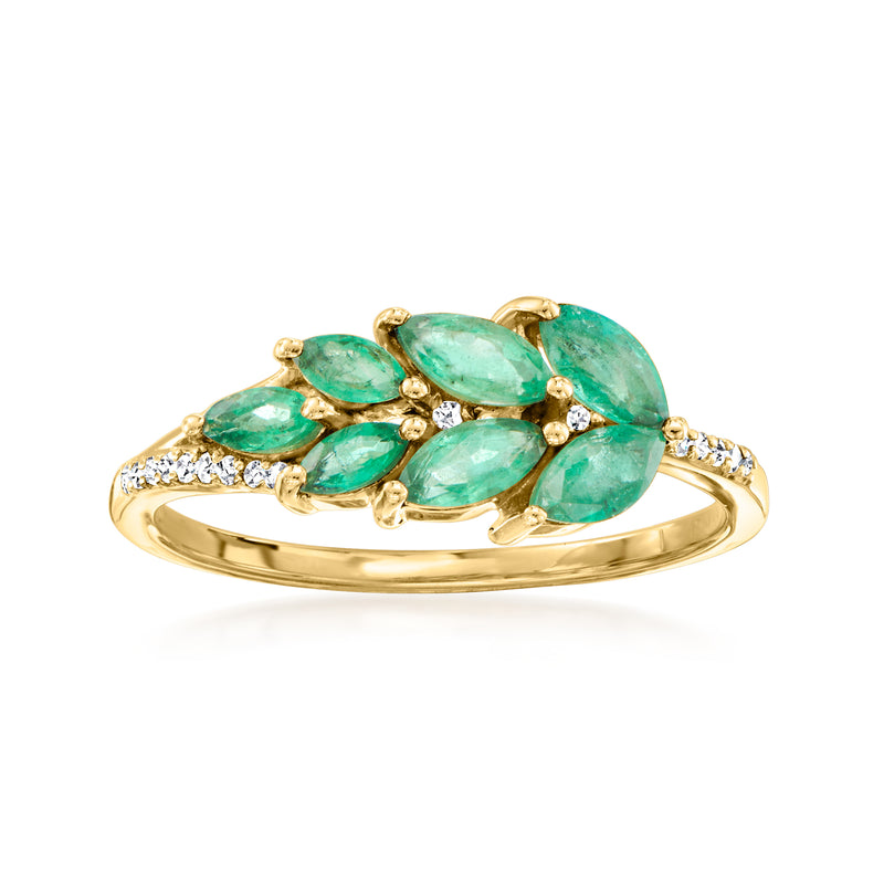 14kt yellow gold leaf ring with green emerald-cut stones and diamond accents