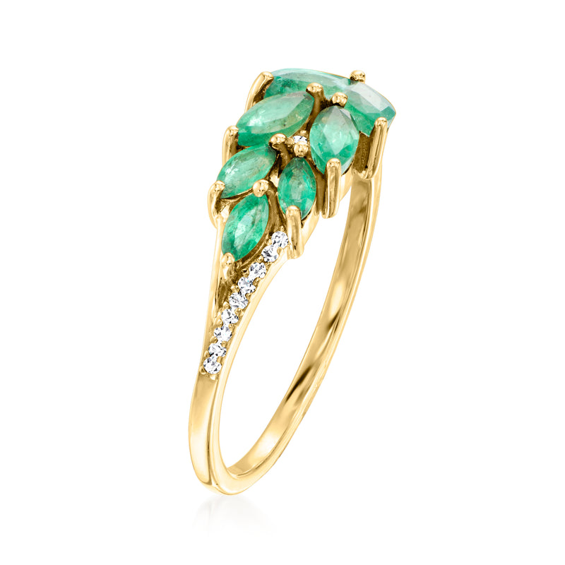 14kt yellow gold leaf ring with green marquise stones and diamond accents