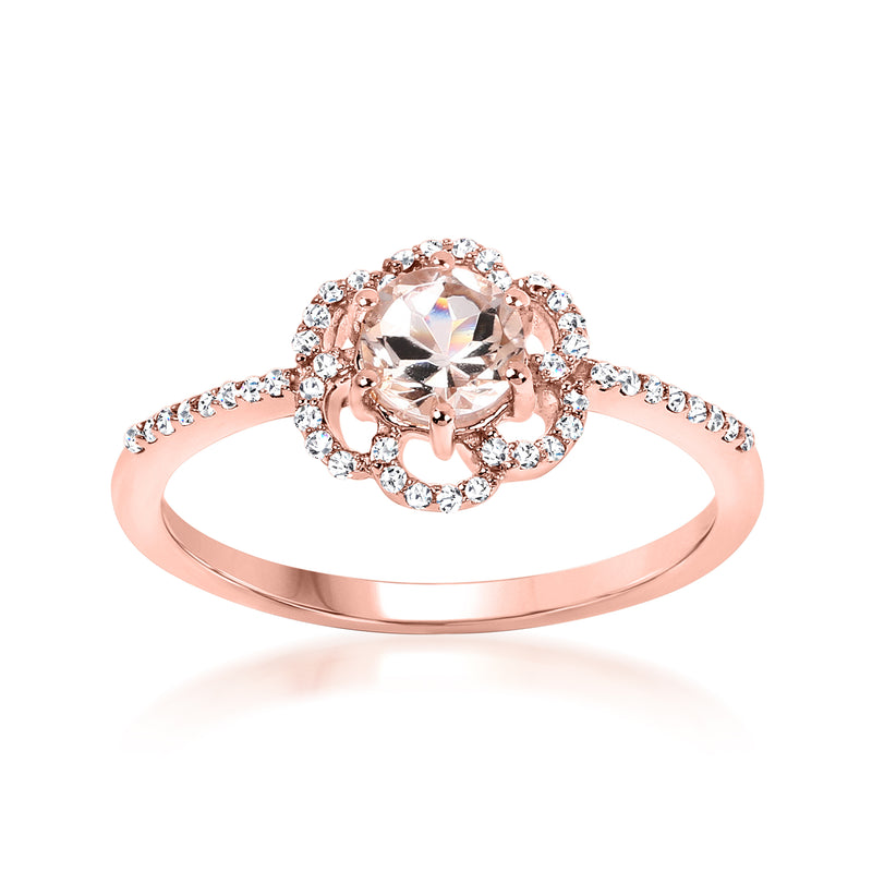 Rose gold morganite flower ring with round diamond halo and side diamonds