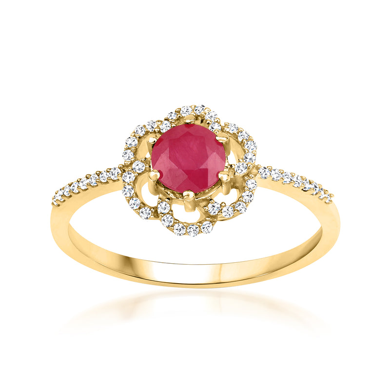 14kt yellow gold ruby and diamond flower ring with round-cut stones around center ruby