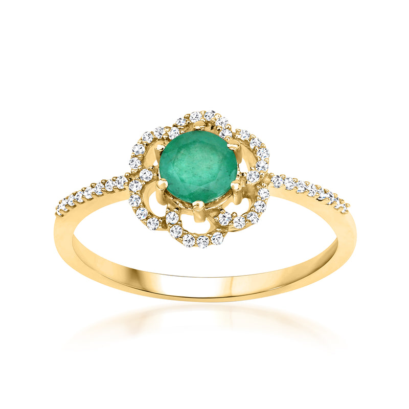 14kt yellow gold emerald-cut flower ring with green center stone and diamond halo