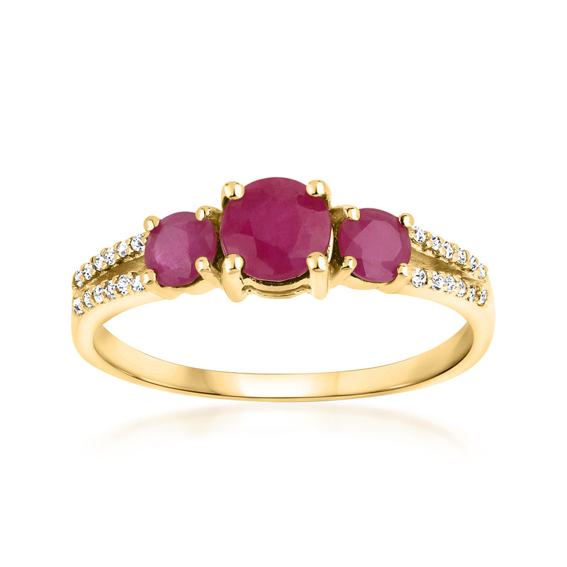 Ruby three-stone ring with diamond accents in 14kt yellow gold