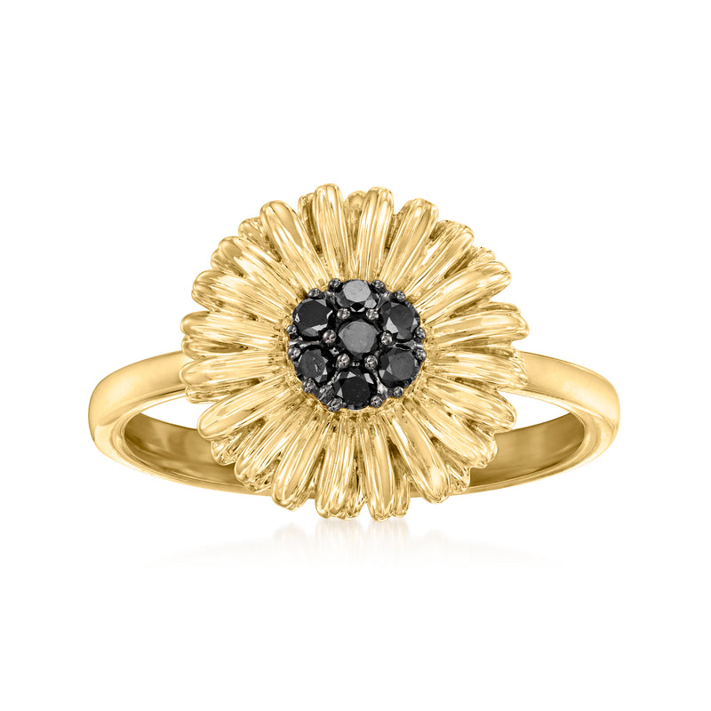 18kt gold over sterling sunflower ring with dark center black diamond cluster
