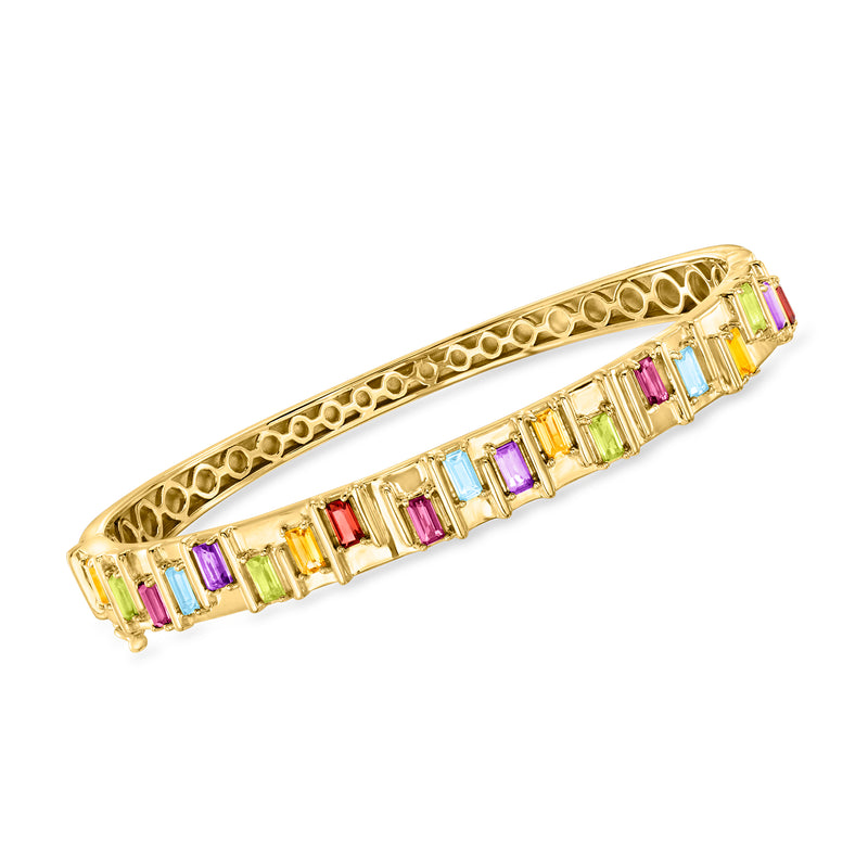 18kt gold over sterling multi-gemstone bangle bracelet with baguette-cut rainbow stones
