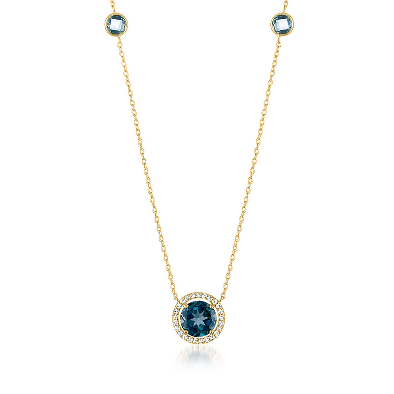 14kt yellow gold necklace with round London blue topaz pendant and diamond halo