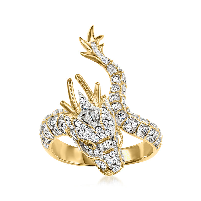 Gold over sterling dragon ring with black and white CZ stones, raised scale design